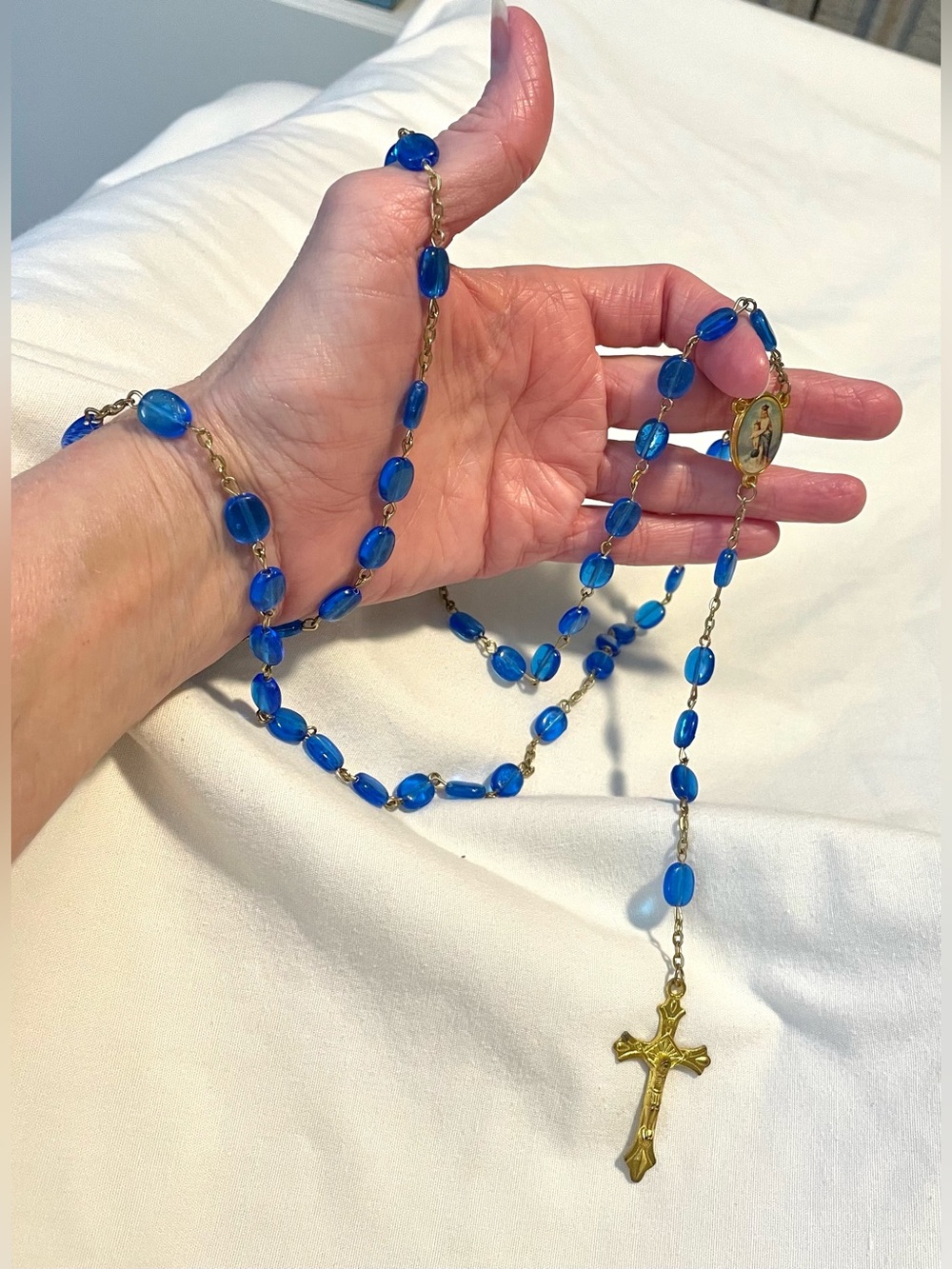 *EUC* Catholic Rosary - Mary Medal/Blue Beads - “Mary Pray For Us” - 27.5 “ long